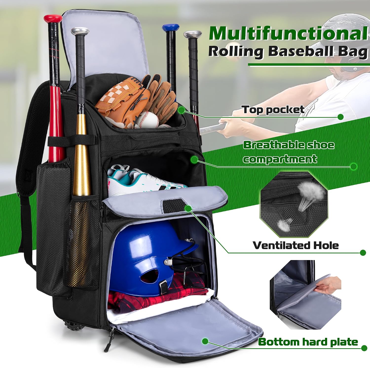 바퀴 달린 롤링 야구 배낭, 헤비 듀티 소프트볼 장비  - Sports Equipment Bag With Wheels 리뷰 및 가격